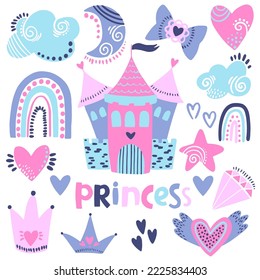 Set of cute stickers with hearts, crown, star, other elements for princess girl, Girlish elements in bright colours isolated on white background. Fashion patch in cartoon style.