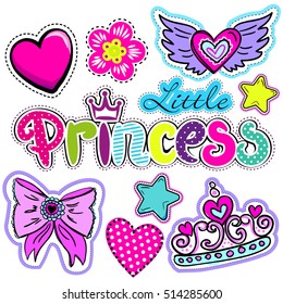 Set of cute stickers with hearts, love, crown, star, flower and other elements for princess girl, Girlish elements in bright colors isolated on white background. Fashion patch in cartoon style.