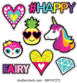 Set of cute stickers with hearts,pineapple, owl, unicorn, diamond and hashtags elements HAPPY, FAIRI. Girlish stickers in bright colors isolated on white background. Fashion patch in cartoon style.