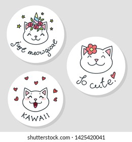 Set of cute stickers. Illustration of kawaii cat faces. Vector 8 EPS.