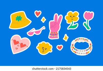 Set of cute stickers in kidcore y2k style. Vector illustration on isolated background. Panama hat, peace sign, flower, heart, beads bracelet