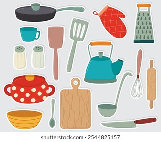 Set of cute stickers with kitchen utensil and cookware. Colorful hand drawn illustration on gray isolated background	