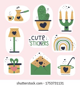 Set of cute stickers. Objects, symbols and sings for task scheduler, organizer or diary. Candles, envelope, cactus, rainbow, saucepan, gift, coffee cup and pot, lamp.