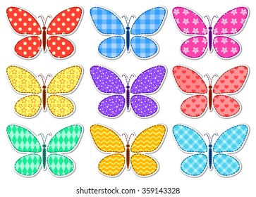 Set of cute stickers with a patchwork butterflies for children. Vector illustration. Isolated on white.