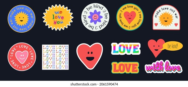 Set Of Cute Stickers, Pinks, Patches And Labels. Cool Trendy Abstract Funny Comic Faces. Love Lettering. 