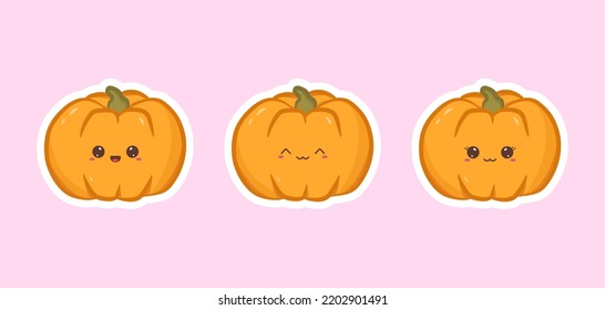 Set of cute stickers pumpkins with funny face. Collection of halloween pumpkins in kawaii style. Vector Illustration