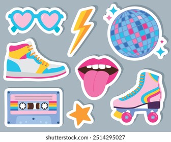 Set of cute stickers with retro objects from 80s-90s. Vector cartoon illustration on gray isolated background