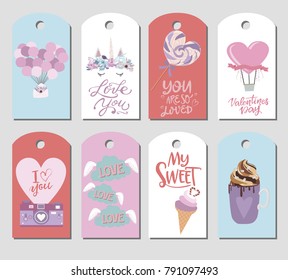 Set of cute stickers with romantic style for Valentine's Day, Save the date, wedding day, love you card. Editable vector illustration
