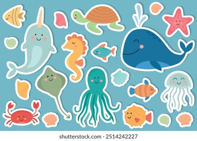 Conjunto de lindas pegatinas con animales marinos. Ilustración vectorial de personajes submarinos de dibujos animados del océano. Fondo aislado azul