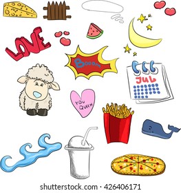 set of cute stickers sheep, heart, boom, fries, Chinese, coffee, month, watermelon, calendar