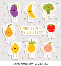 set of cute stickers sheet with fruits and vegetables .cute stickers, patches or pins collection. cute fruits and veggies set