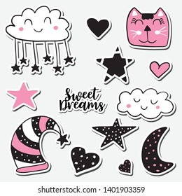A set of cute stickers. Styziled baby clipart. Sweet dreams text, cat, cloud with stars, moon, stars and hearts. Hand drawn vector illustration.