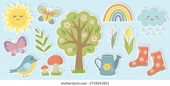 Conjunto de pegatinas lindas con sol, nube, botas de goma, regadera, arco iris, árbol, flores, pájaro, mariposas, setas. Colección de coloridos Elementos de primavera