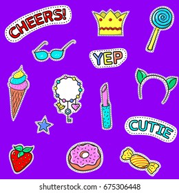 Set of cute stickers. Sweets girls accessories and words. Vector patch badge collection. May be used as seamless pattern.