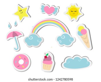 A set of cute stickers with sweets, sun, star, umbrella and rainbow