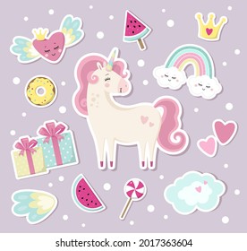 Set of cute stickers with unicorn and fairy elements. Little princess theme. Gentle pastel colors. Useful for baby room interior, apparel, birthday party and other celebration