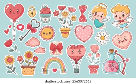 Set of cute stickers for valentine's day, love, cupid, hearts. Vector graphics.