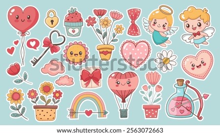 Set of cute stickers for valentine's day, love, cupid, hearts. Vector graphics.