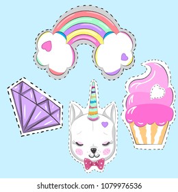 Set of cute stickers and various items with ice cream,rainbow,unicorn,crown,diamond. Girlish stickers in bright colors on white background. Fashion patch, the icons in cartoon style.