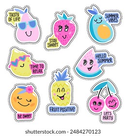 Set of cute stickers with watermelon, avocado, pineapple, strawberry.Girlish badges in bright colors with funny face, slogans, quotes isolated on white background. Fashion patch in cartoon style