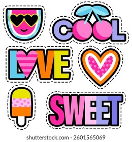 Set of cute stickers. Watermelon, ice creame, heart and words. Girlish stickers in bright colors isolated on white background. Fashion patch, badges in cartoon style