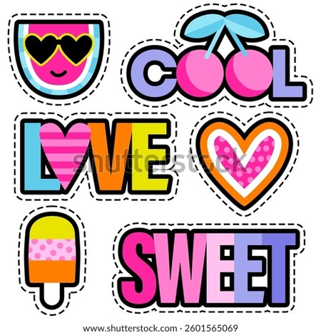 Set of cute stickers. Watermelon, ice creame, heart and words. Girlish stickers in bright colors isolated on white background. Fashion patch, badges in cartoon style