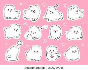 Set of cute stickers. White Spitz kawaii puppies. Fluffy puppies with different emotions. A small breed of dog.