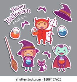 Set of cute stickers witch characters witch, vampire, devil and other magical elements. Halloween character design.