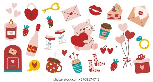 Un conjunto de lindas pegatinas para su diario y diario para el Día de San Valentín: corazón, regalo, gato, globos, champán, buzón y correo.
