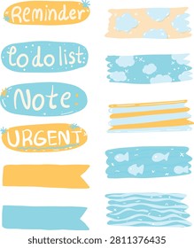 Set of cute sticky notes, banners, and labels with handwritten words like reminder, to do list, note, and urgent, decorated with playful illustrations of clouds, fish, and wavy lines