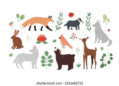 Set with cute storybook forest animals, plants and flowers, isolated on white, hand drawn vector illustration in flat design