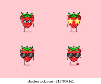 Set of cute strawberry cartoon character with serious, smile and eyeglasses expression. suitable for emoticon, logo, symbol and mascot