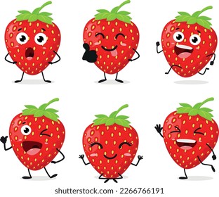 Set of  Cute Strawberry Cartoon Character