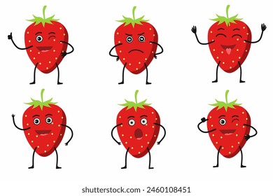 Set of Cute Strawberry Character Graphic Vector Illustrations. Strawberry Emoji Collection