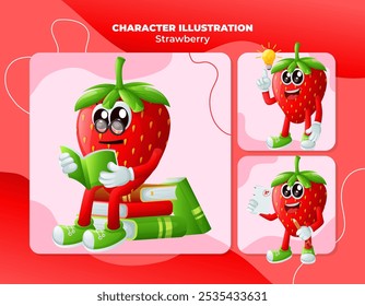 Set of cute strawberry characters being clever. Perfect for kids, merchandise and sticker, banner promotion
