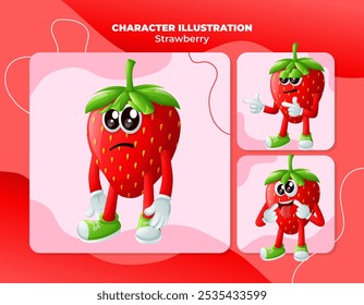 Set of cute strawberry characters with different facial expressions. Perfect for kids, merchandise and sticker
