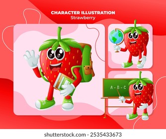 Set of cute strawberry characters in education. Perfect for kids, merchandise and sticker, banner promotion
