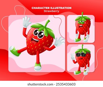 Set of cute strawberry characters with emoticon faces. Perfect for kids, merchandise and sticker, banner promotion
