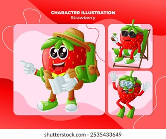 Set of cute strawberry characters on vacation. Perfect for kids, merchandise and sticker, banner promotion
