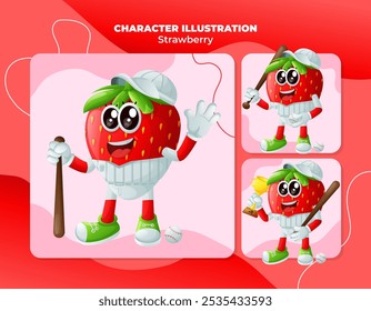 Set of cute strawberry characters playing baseball. Perfect for kids, merchandise and sticker, banner promotion
