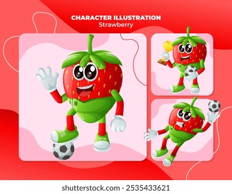 Set of cute strawberry characters playing soccer. Perfect for kids, merchandise and sticker, banner promotion
