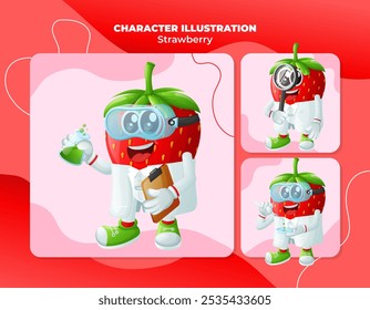 Set of cute strawberry characters as scientists. Perfect for kids, merchandise and sticker, banner promotion
