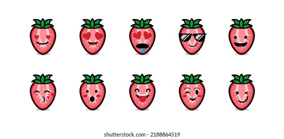 Conjunto de emoticones de fresa. Ilustración del vector aislada en fondo blanco