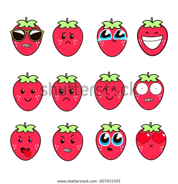 Set Cute Strawberry Emoticonsemoji Flat Design Stock Vector (Royalty ...