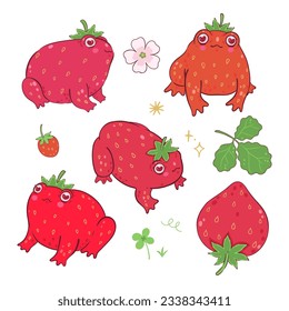 Conjunto de lindas ranas de fresa aisladas sobre fondo blanco. Gráficos vectoriales.