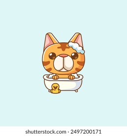 set Cute stray cat bathing time in bathtub kawaii chibi character mascot illustration outline style design