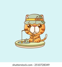 set Cute stray cat fishing fish on island kawaii chibi character mascot illustration outline style design