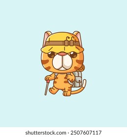 Conjunto Lindo gato callejero caminando campamento kawaii chibi personaje mascota ilustración esquema estilo diseño