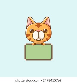 set Cute stray cat hold blank space board banner kawaii chibi character mascot illustration outline style