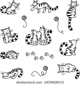Set of Cute Striped Cartoon Cat Vector Icons 